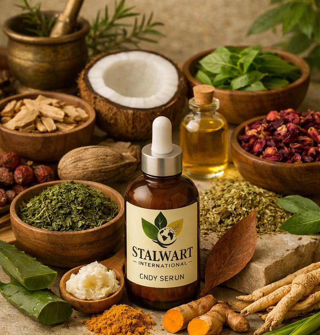 Raw botanical ingredients, herbs, roots, and Stalwart International serum bottle